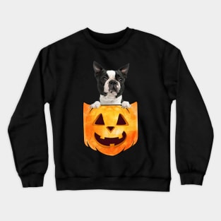 Black Boston Terrier Dog In Pumpkin Pocket Halloween Crewneck Sweatshirt